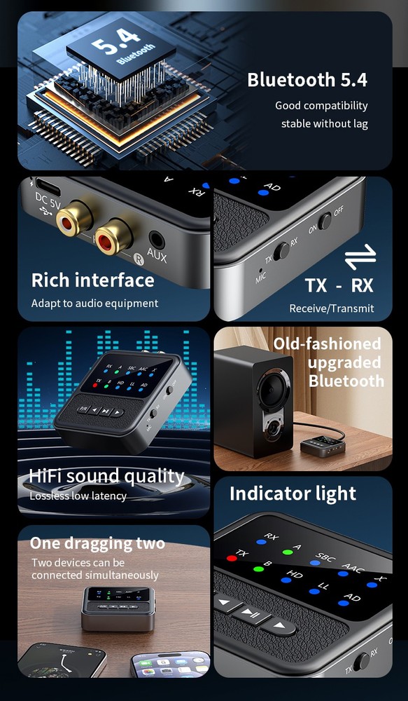 Bluetooth-Compatible 5.4 Audio Adapter APTX Receiver And Transmitter 2-In-1