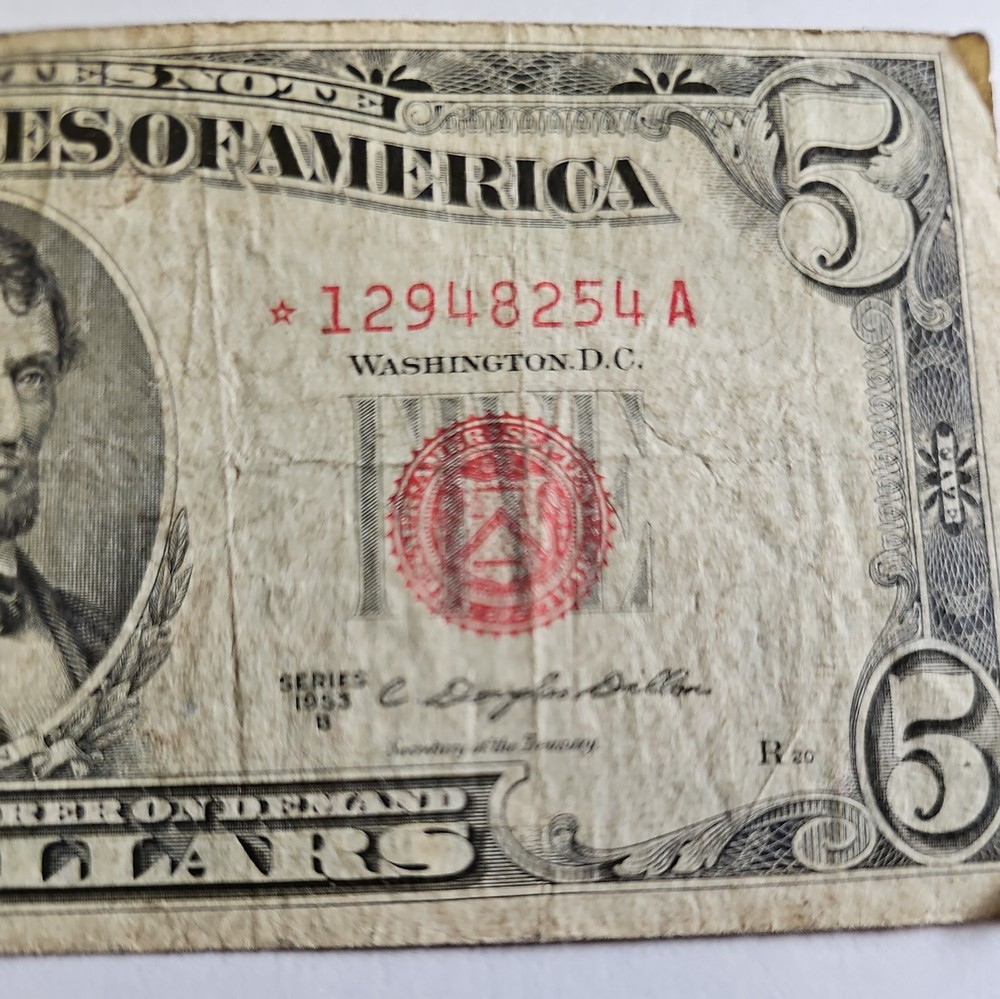 1953 B Red Seal, 5 Dollar, STAR Note.
