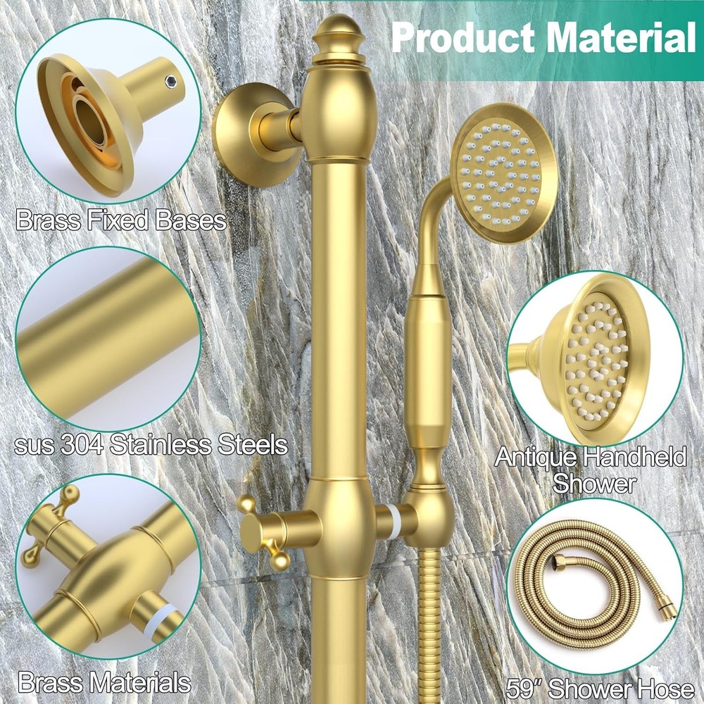 Brass Shower Slide Bar with Handheld Head, Adjustable Brushed Gold