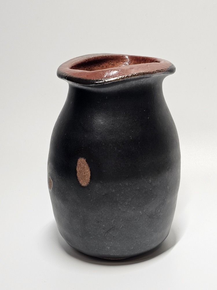 Black Ceramic Vase Brown Inside Glazed Inside & Top Signed About 4.5" High