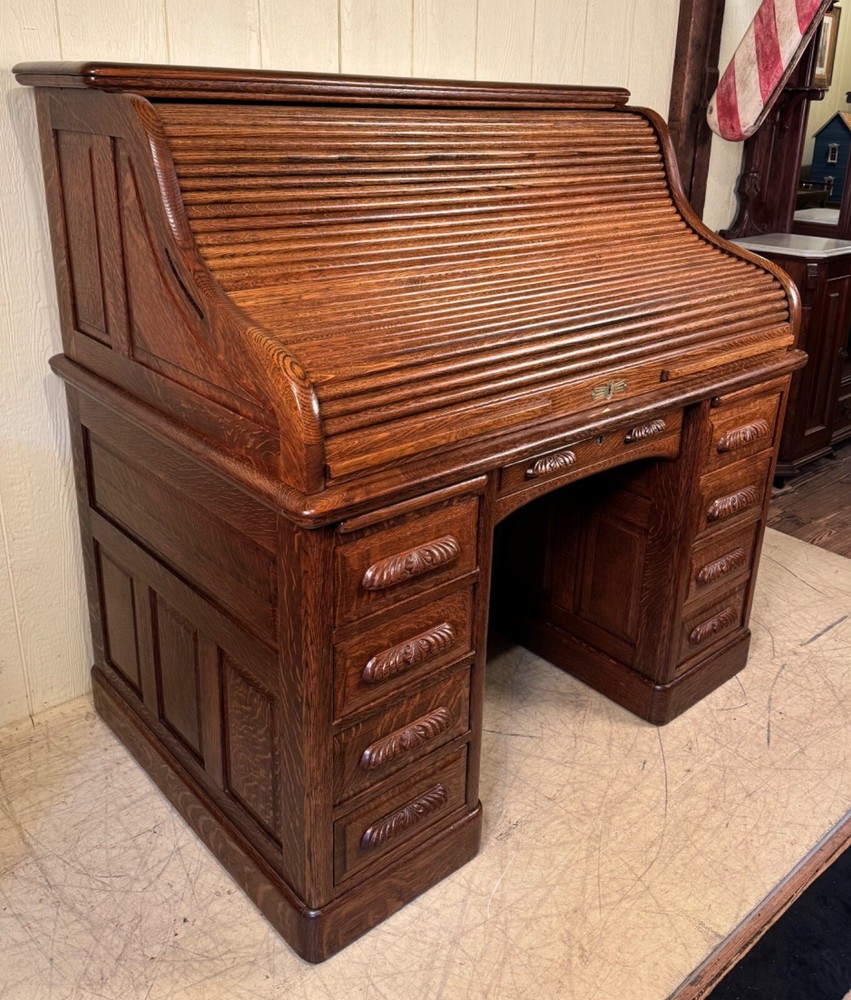 Antique Oak 50" Raised Panel S-Roll Top Desk with Carved Pulls