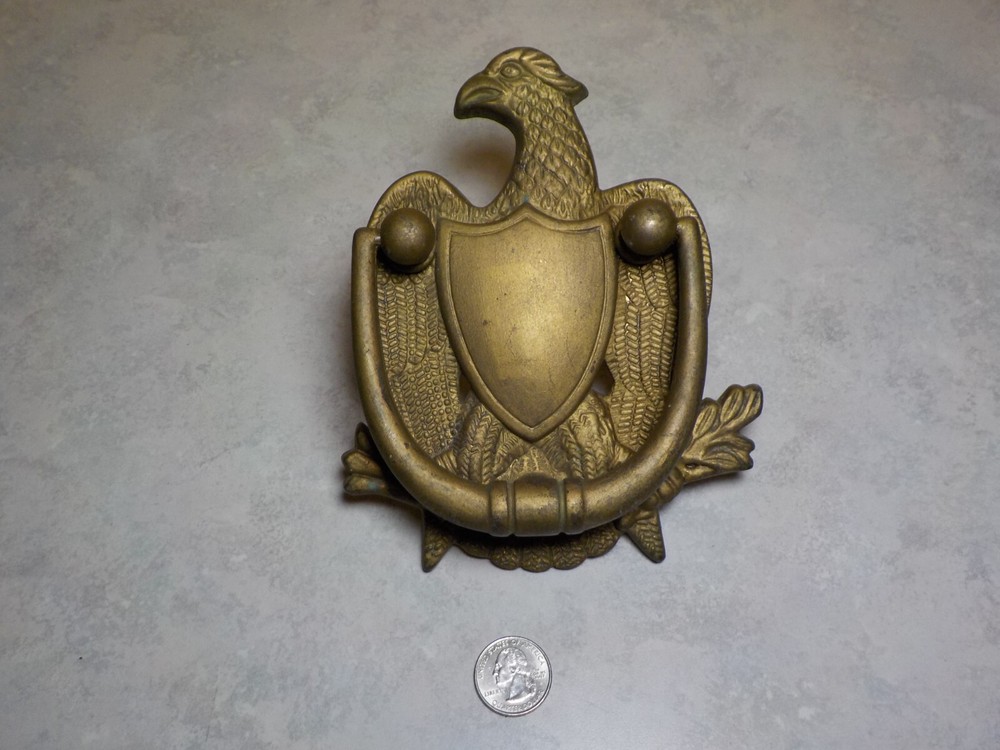 Vintage Solid Brass American Eagle Door Knocker Shield 7'' tall