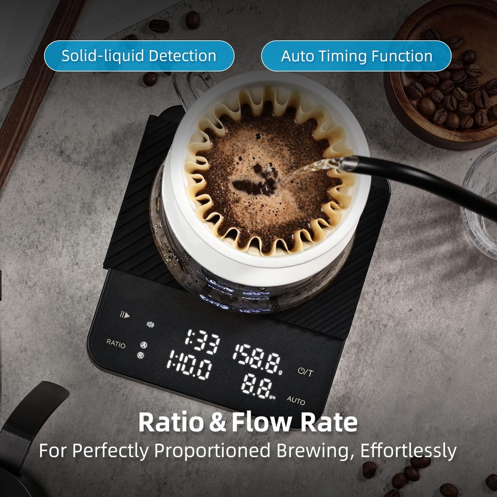Coffee Scale With Timer Rechargeable Digital Ratios Flow Rate 2kg/0.1g Black