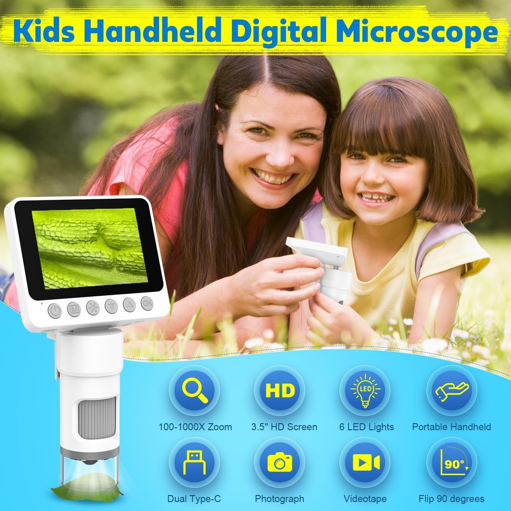 Portable Digital Handheld Microscope for Kids - 1000X Microscopes with White