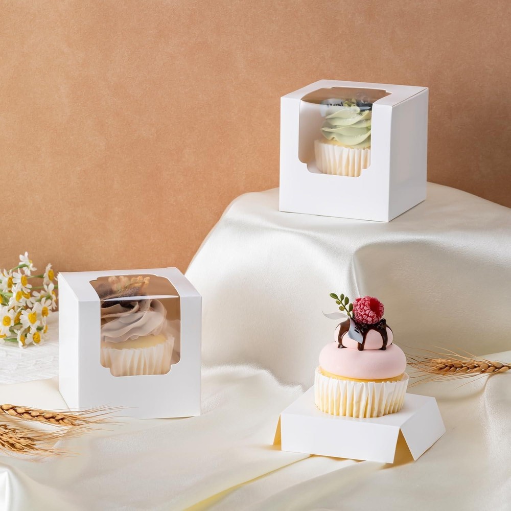 28PCS Cupcake Boxes Individual Containers Window Inserts Stackable White