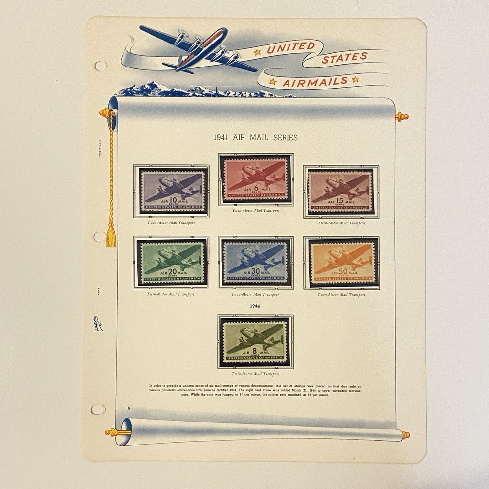 White Ace United States Airmails 12 Album Pages 1930-1968 With Mounted Stamps