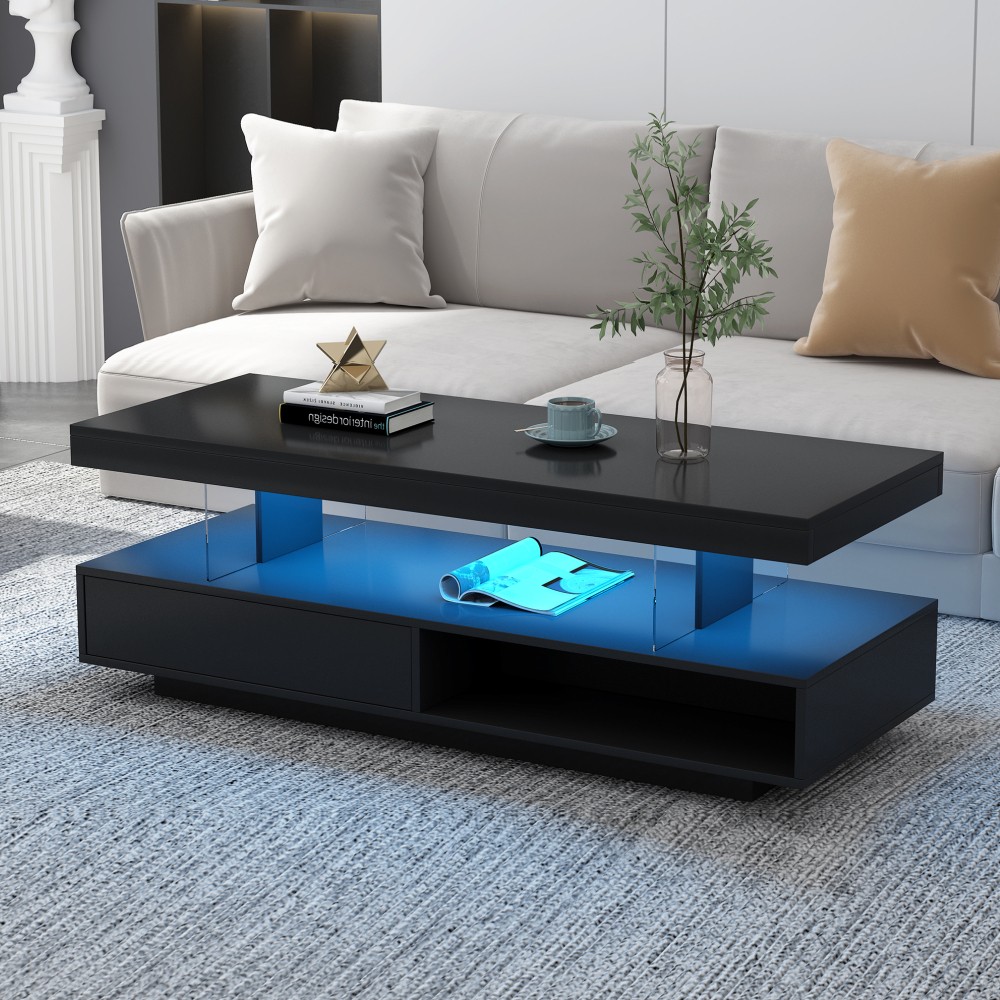 Coffee Table with Storage Modern Center Table with 2 Drawers and Display Shelves