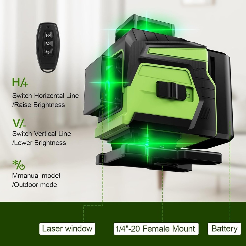 Precision 360° Green Laser Level with Remote & Easy Setup Magnetic Wall Bracket