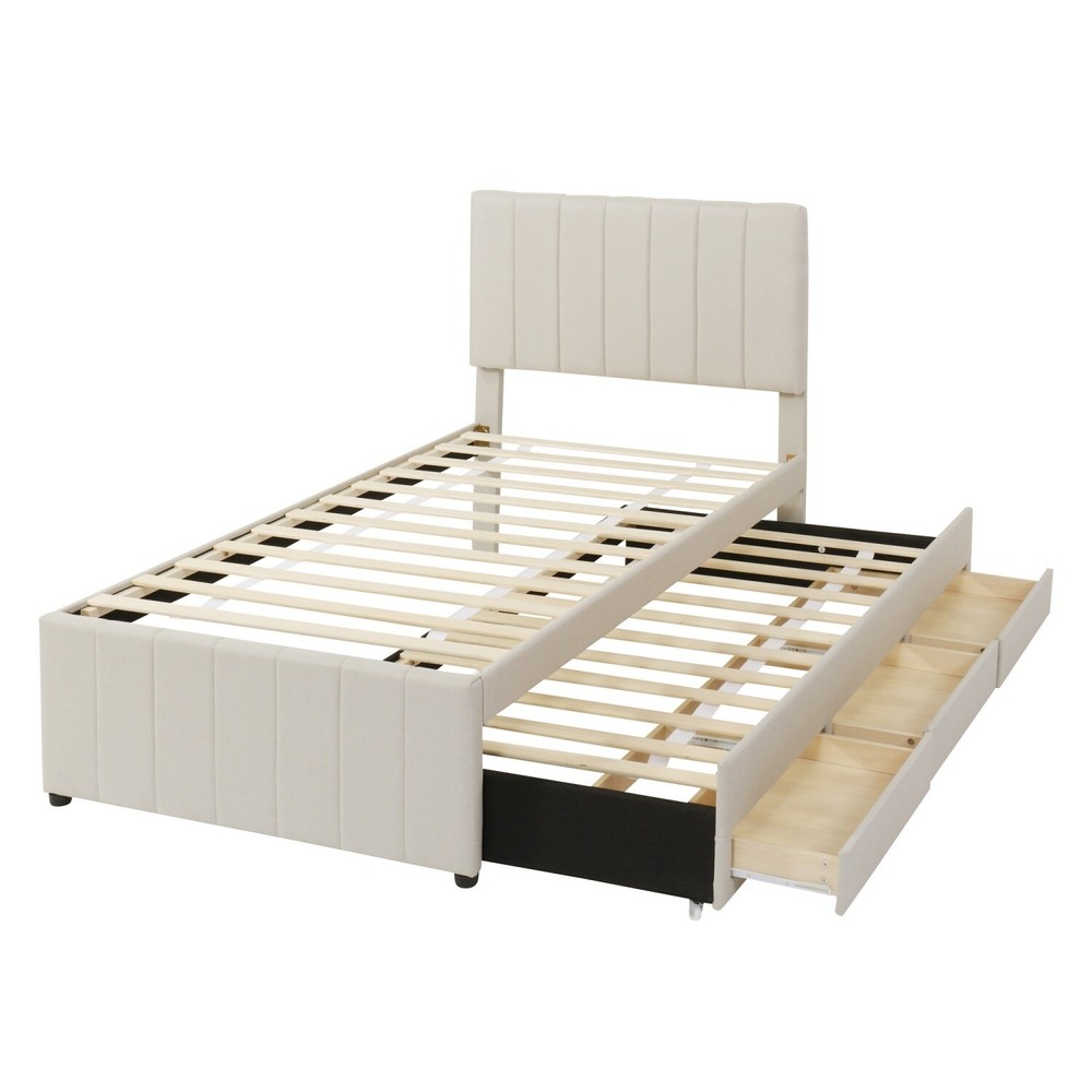Twin Size Bed Frame Upholstered Platform Bed w/ Pull Out Trundle & 3 Drawers