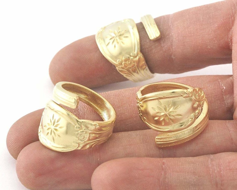 Spoon Wrap Ring Flower Patterned Raw Brass 7US Adjustable 4064