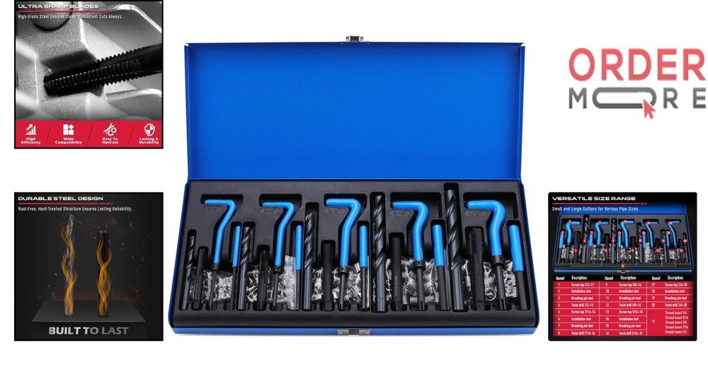 SAE Thread Repair Helicoil Kit 131PC Metal, Engine, Pipe Rethreading Tools