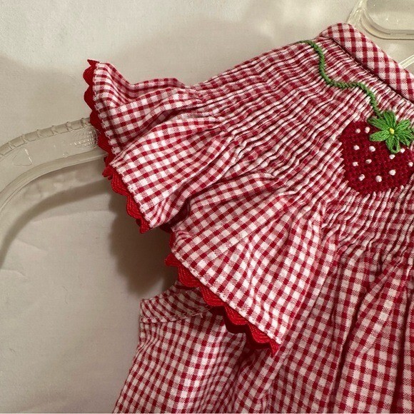 Classic Whimsy Girls Strawberry & Vine Smocked Gingham Red Checked Dress