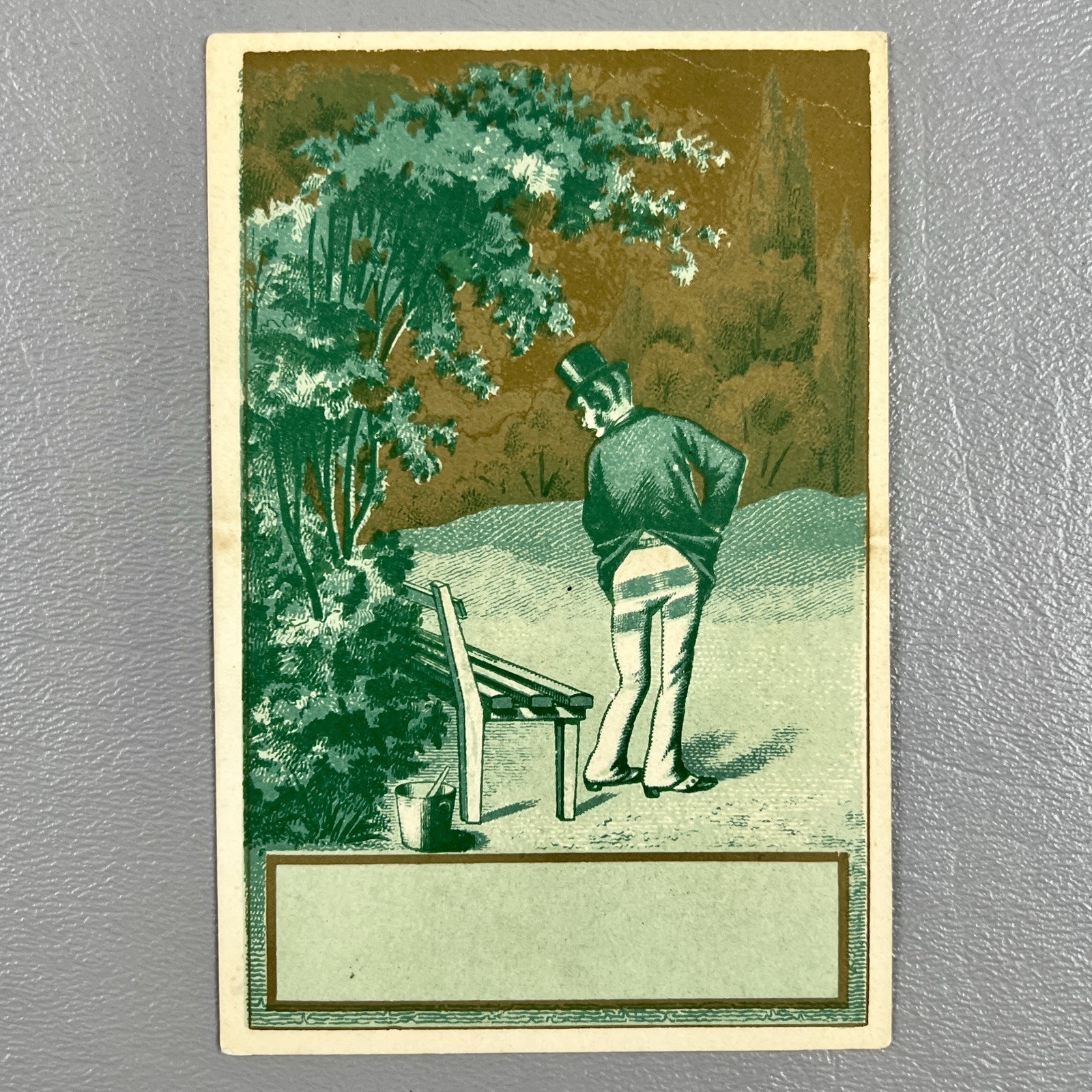 Victorian Trade Card Illustrated Man Sat On Wet Paint  On Trousers Top Hat