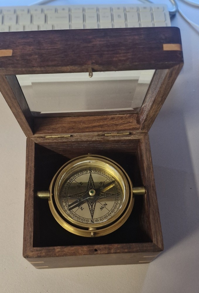 BRASS GIMBAL COMPASS BOXED ~ NAUTICAL COMPASS ~ MARITIME ~ PIRATE ~ COMPASS