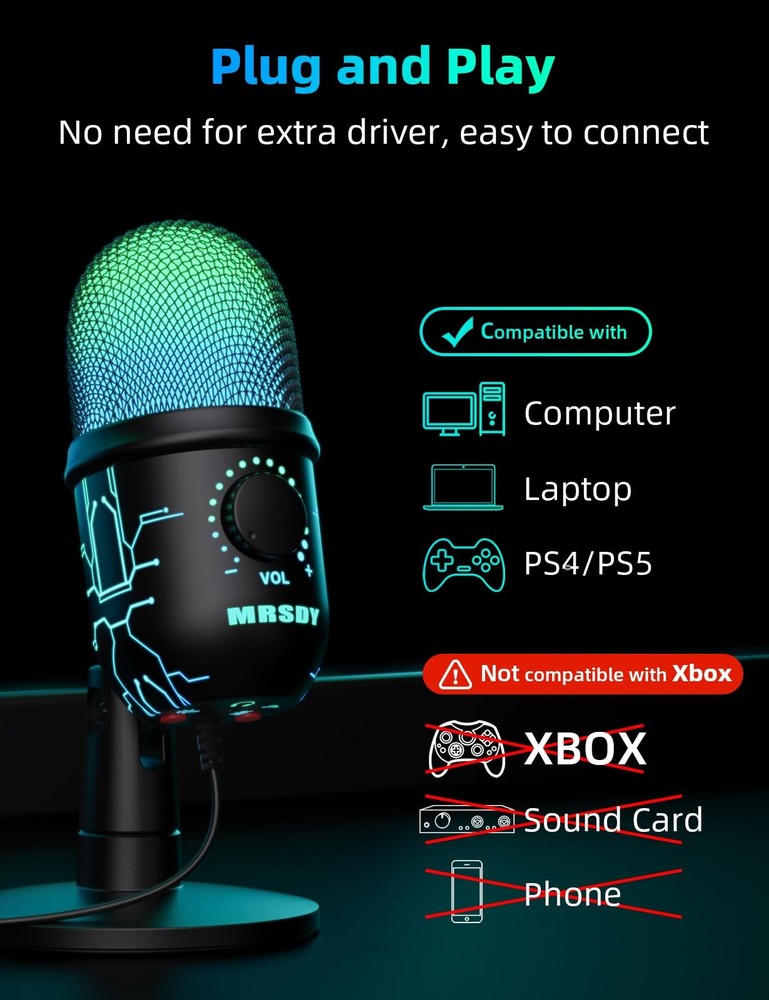 Gaming Microphone, USB Computer Microphone for PC, Mac, PS4/5, Condenser Podc...