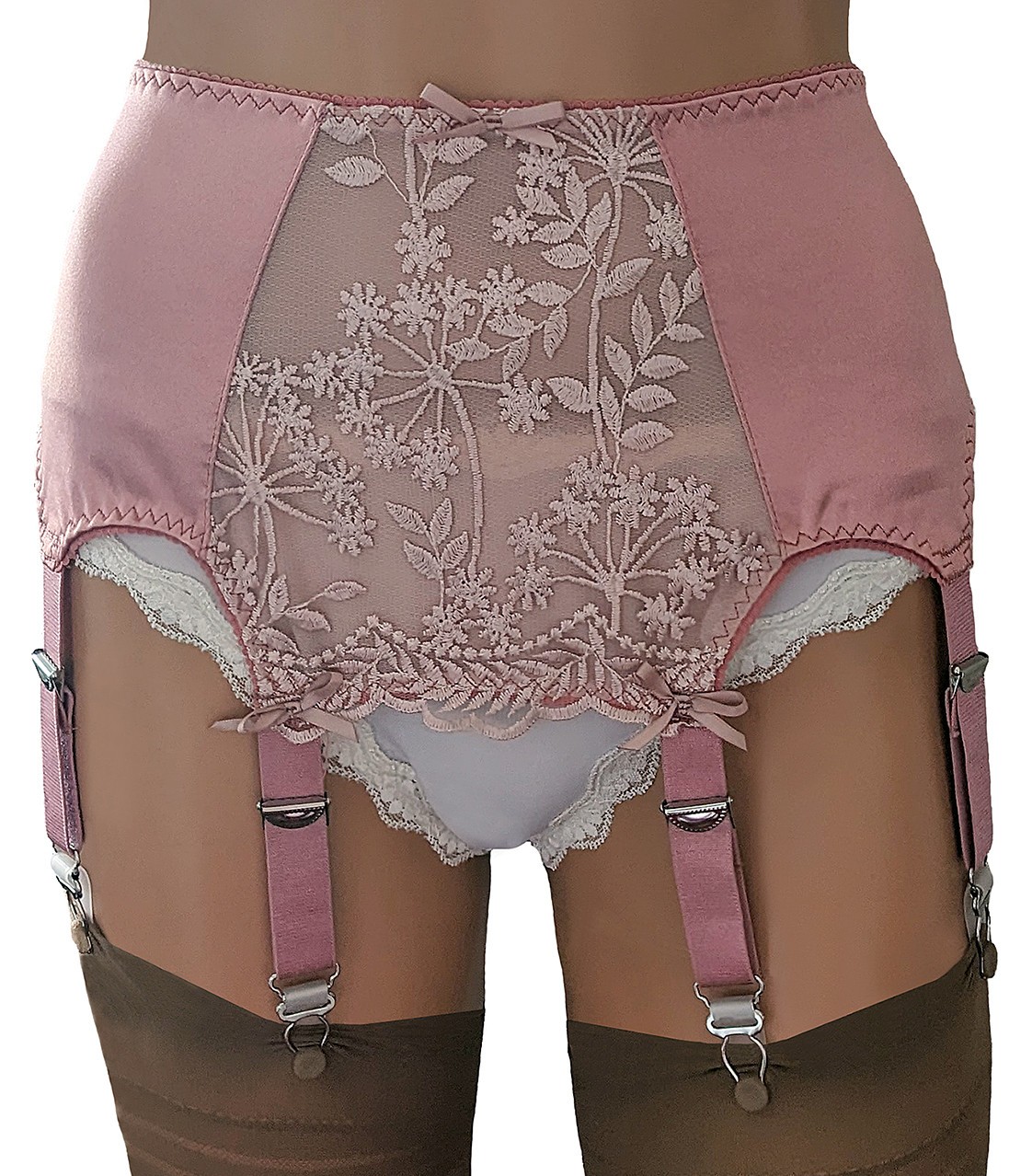 Pink 8 Strap Suspender Belt in Rose Pink Satin with Embroidered Lace Front
