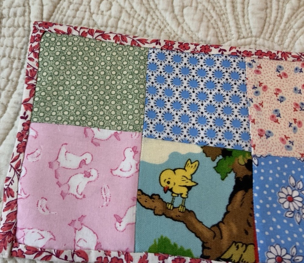 Vintage Patchwork Quilt Small Table Topper, Four Patch, Florals, Calicos