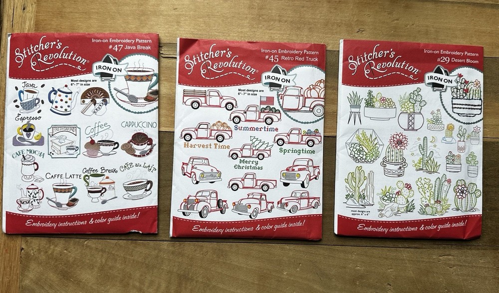 Stitchers Revolution Iron-On Embroidery Pattern #29 Dessert, #45 Truck, #47 Java