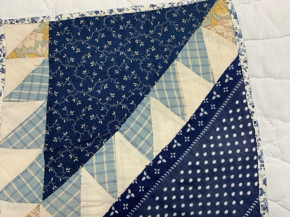 Antique Patchwork Quilt Table Topper, Triangles, Blue, Navy, Early Calicos