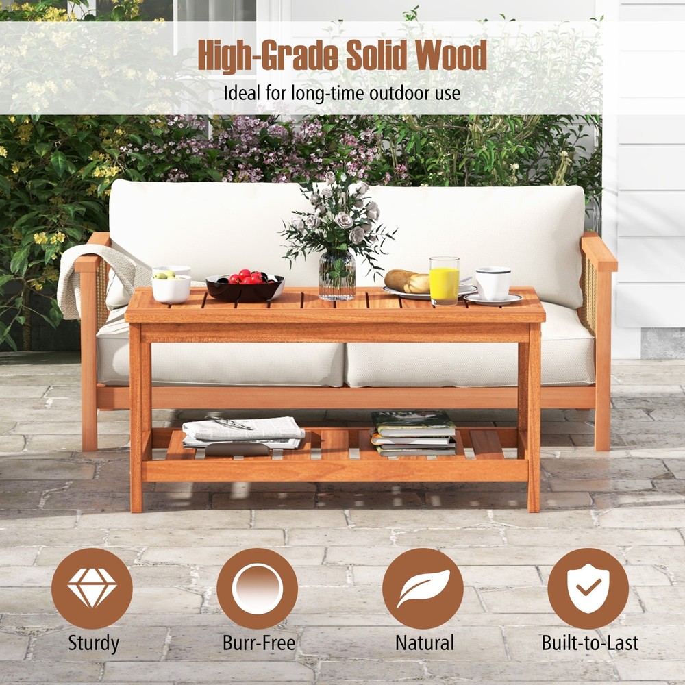 Patio Coffee Table 2-Tier Outdoor Side Rectangle Side Table Solid Wood Porch