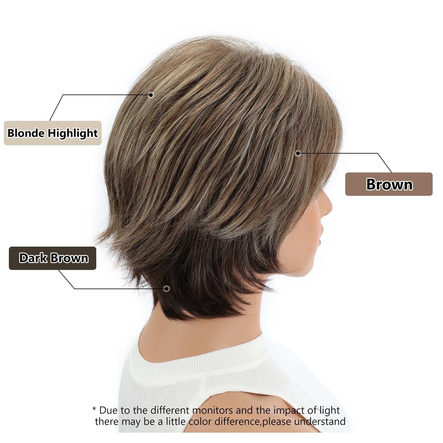 SEVENCOLORS Short Hair Wigs with Bangs Dark Brown Mixed Blonde Pixie Cut Wig ...