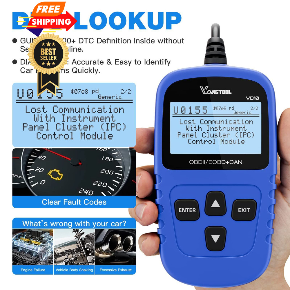VDIAGTOOL VD10 OBD2 Scanner Code Reader Car Diagnostic Tool Engine Fault Blue