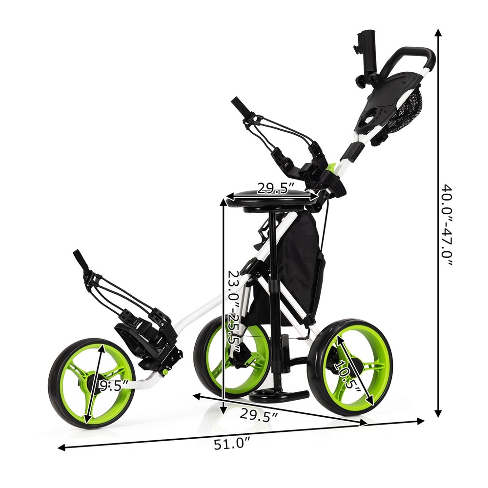 3-Wheel Foldable Golf Push Pull Cart Trolley w/ Seat Adjustable Handle Green