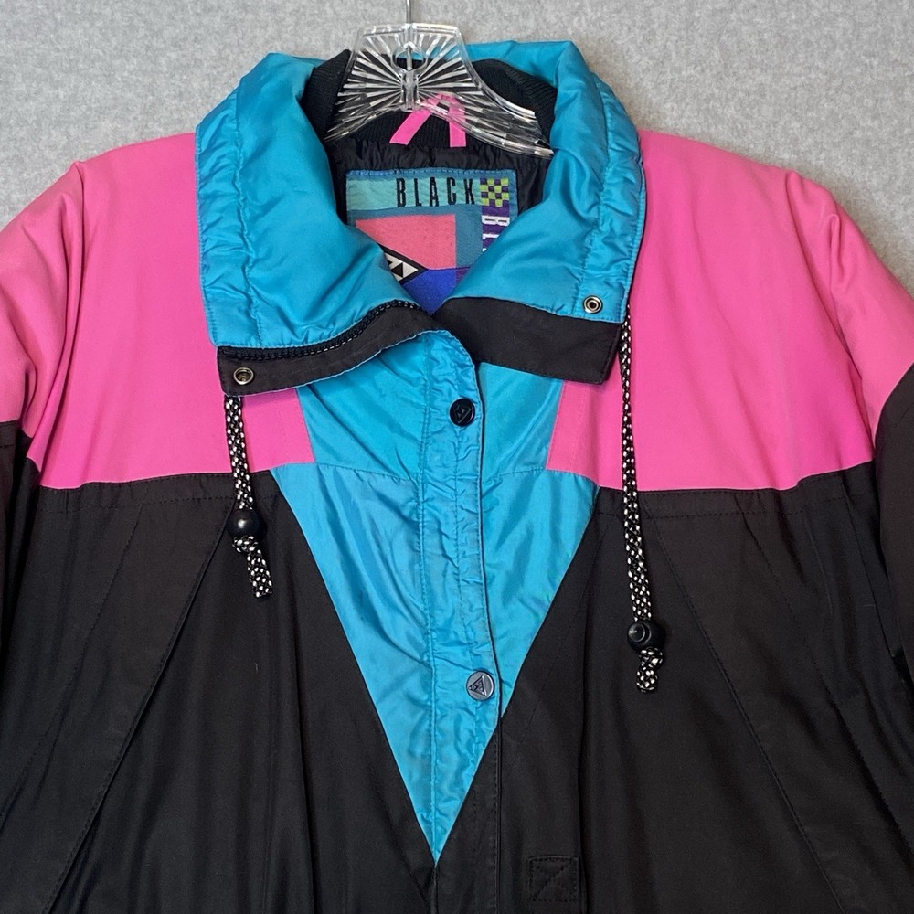 Vintage Black bear Ski Jacket Medium Down Black Turquoise Pink