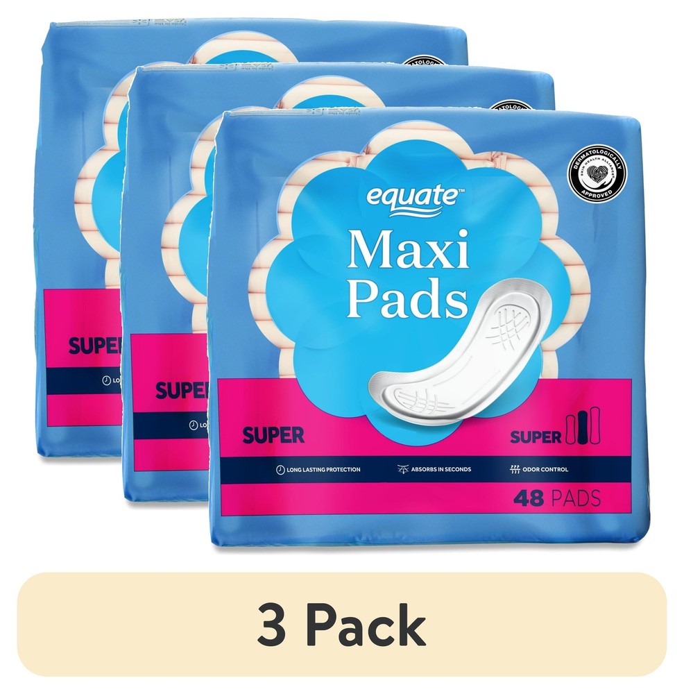 (3 pack) Equate Maxi Pads, Super Protection (48 Count)