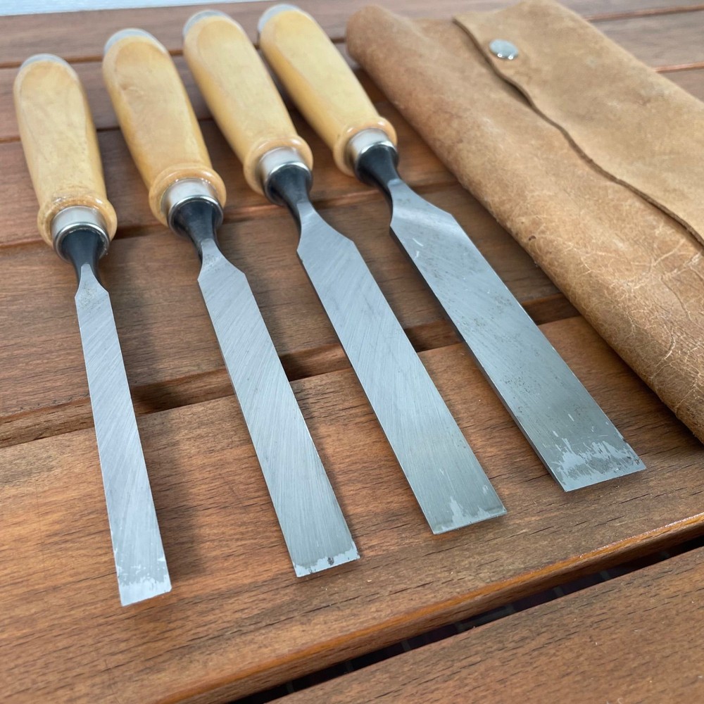 STANLEY Chisel Set 4 Piece Leather Cover Hand Tools Used Pro Grade Tools
