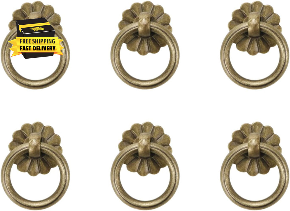 6Pcs Antique Brass Drop Ring Pulls Vintage round Pull Ring for Drawer Cabinet, B