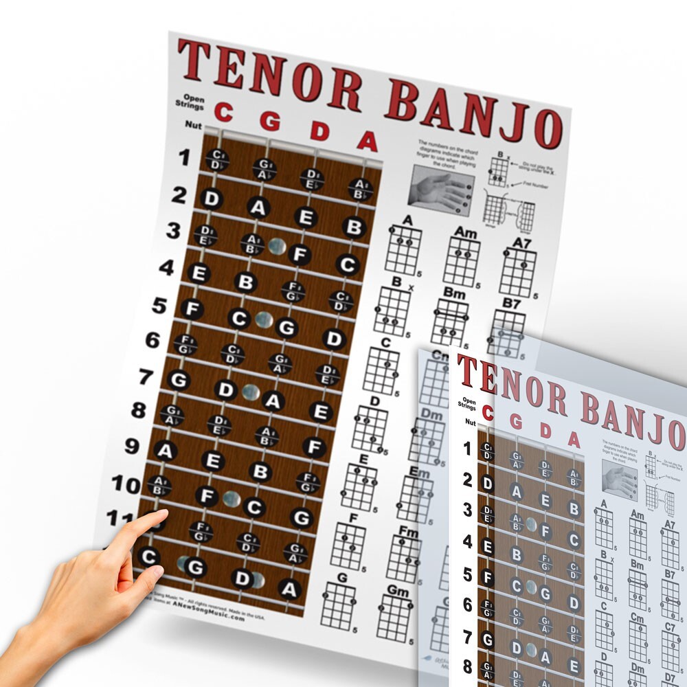 Laminated Tenor Banjo 4 String Fingerboard Wall Chord Chart Poster Notes Chords
