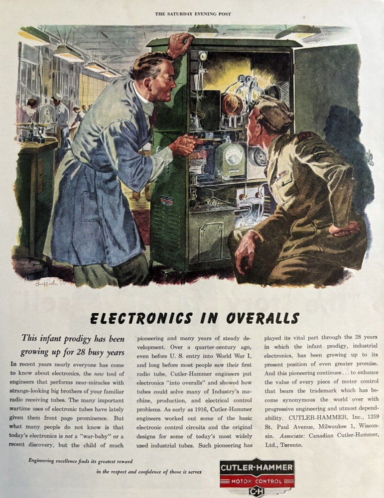 Cutler Hammer Motor Control Electronics Overalls WW 2 Vintage Print Ad 1944