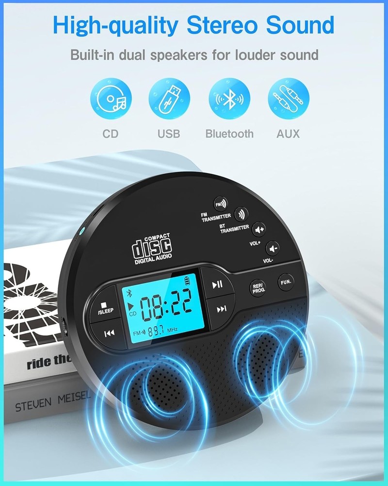 Portable CD Player with Bluetooth, Walkman CD Player with FM Transmitter and Spe