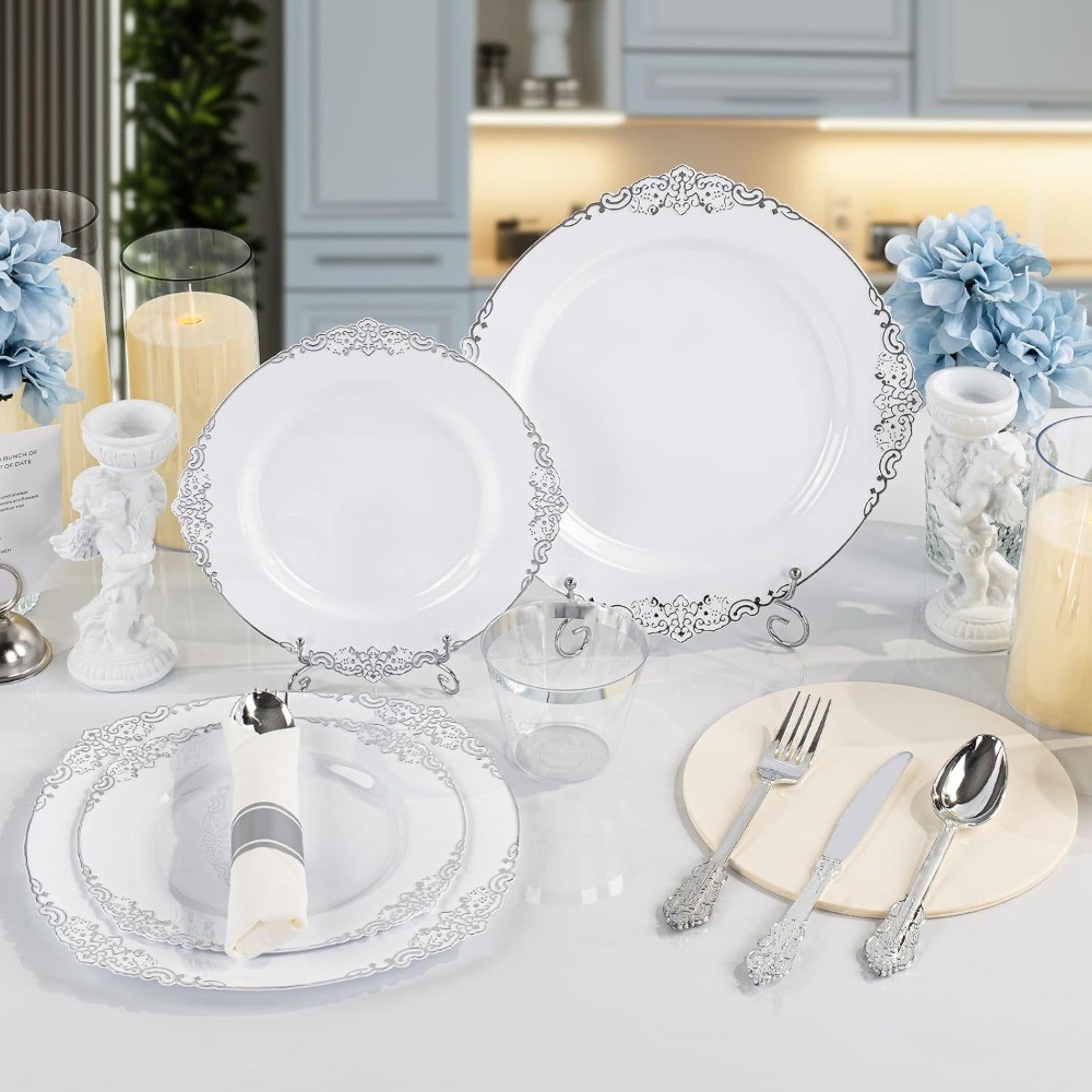 Disposable Silver Plastic Dinner Plates for 50 Guests Set Includes 100 Silver