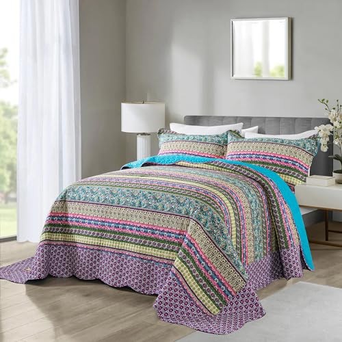 Cotton Bedspread Quilt Sets - Reversible Patchwork King Mixed Floral Colored