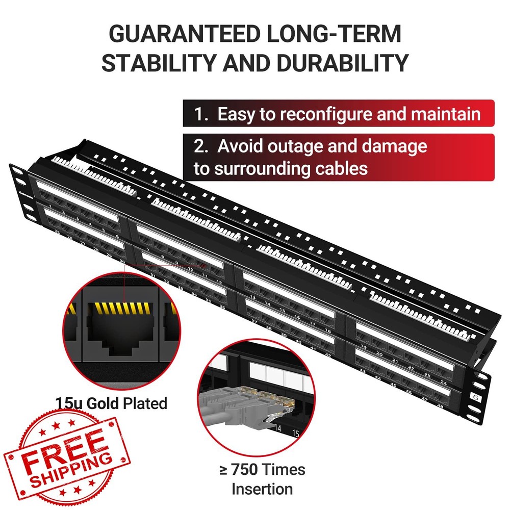 AMPCOM CAT6 48 Ports Patch Panel, 19" Rack Mount, 2U, Gold Plated