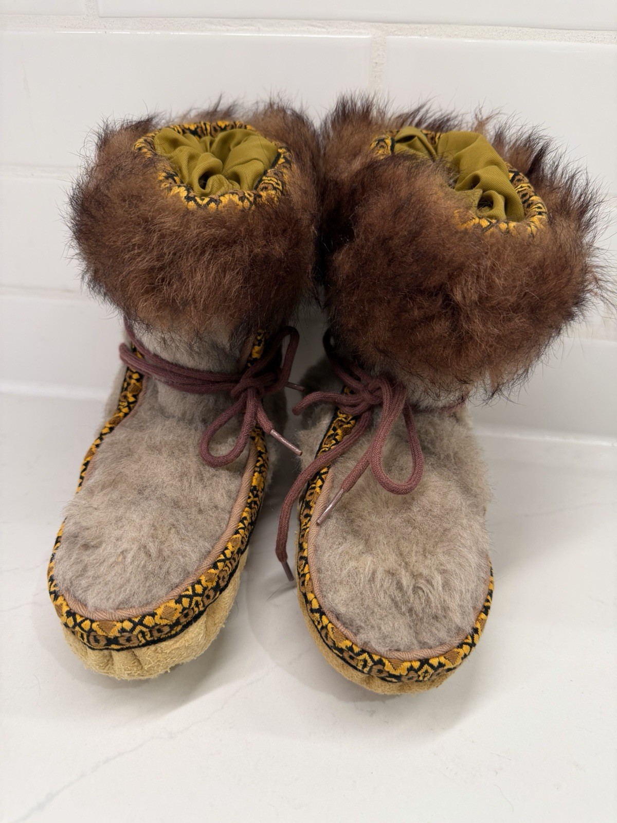 Vintage Alaska Inuit Child Fur Mukluk Boots Handmade Suede Sole Native Arctic