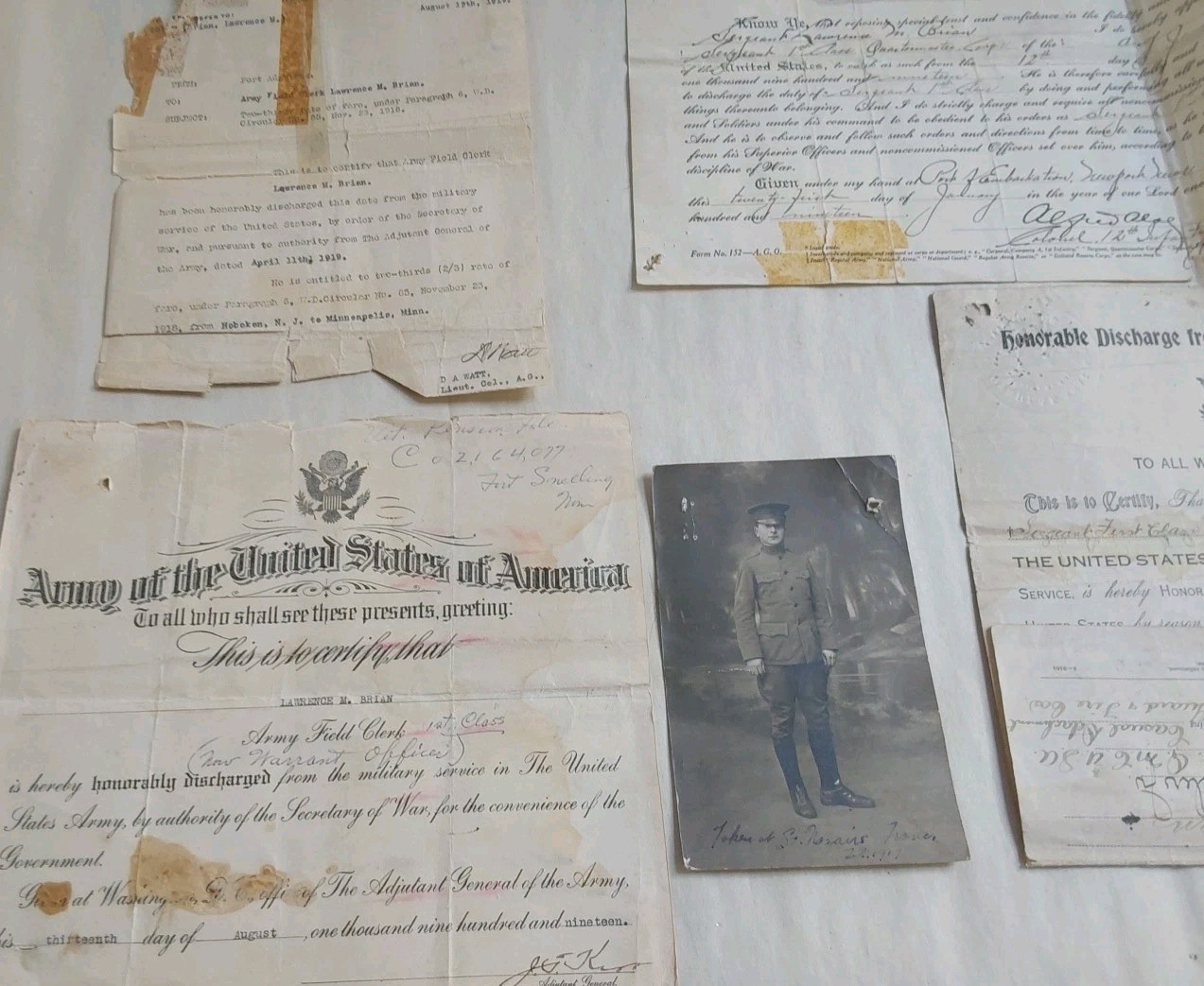 Vtg WW I United States Army Military Honorable Discharge Paper + Photo 1919-5 Pc