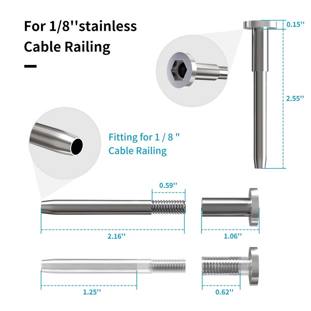 20 Pack Invisible Cable Railing Kit, 1/8" Invisible Receiver and Swage Stud End