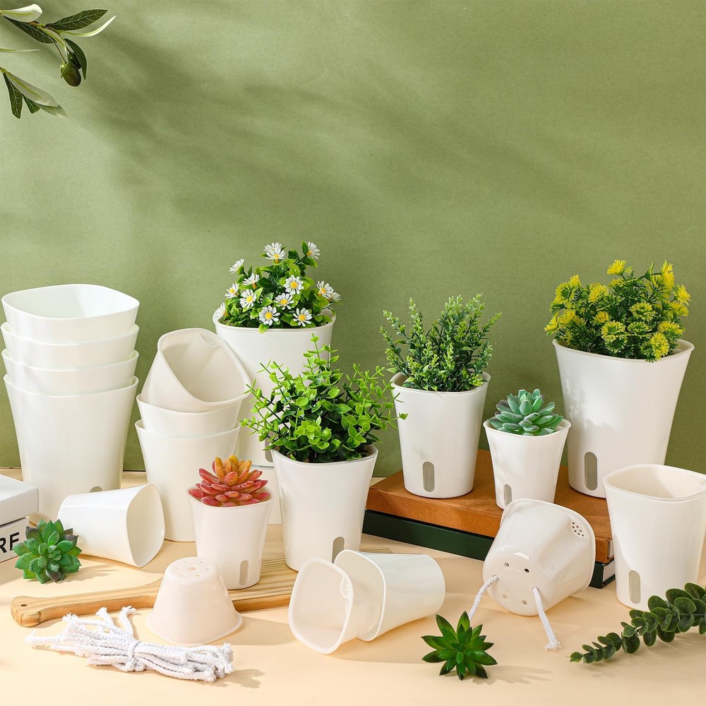 Ziliny 18 Pcs Self Watering Pots - 3 Sizes Extra small, Small, Medium, White