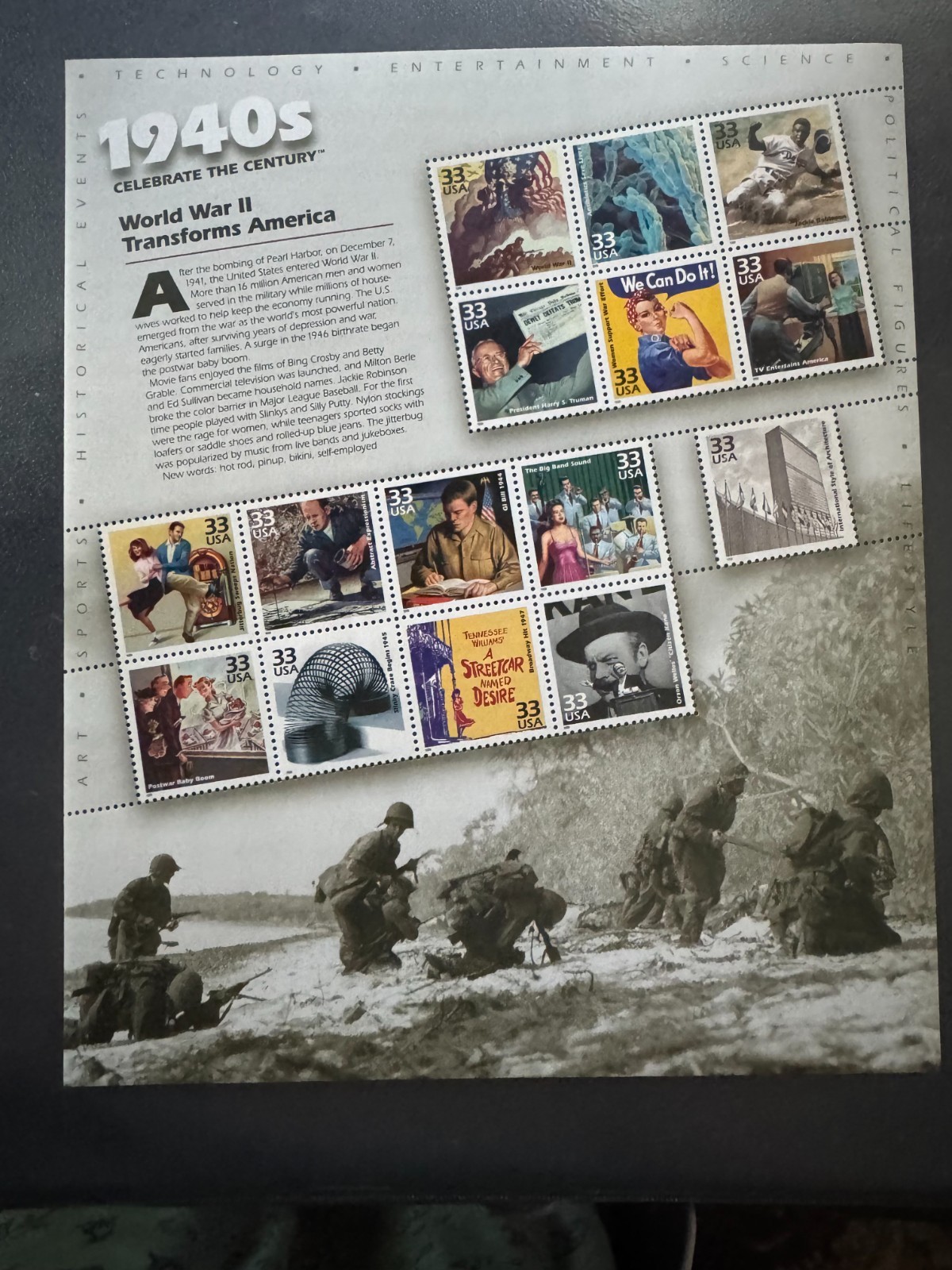 Scott #3186 Celebrate the Century—1940s Pane of 15 33¢ Stamps (1999)