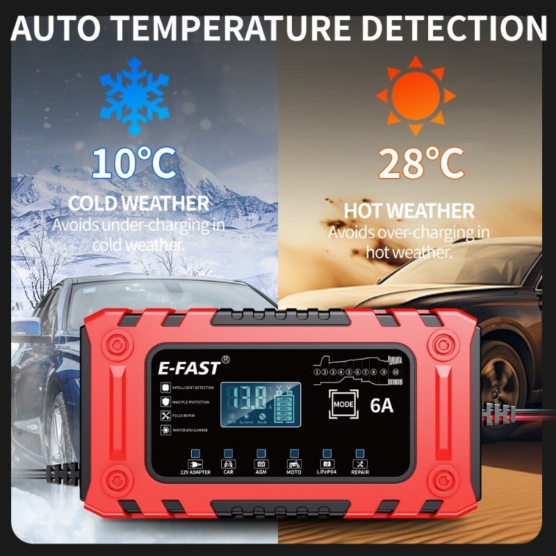 12V 6A Smart Battery Charger w/ Adapter Mode for AGM LiFePO4, Cars,Boat,Truck