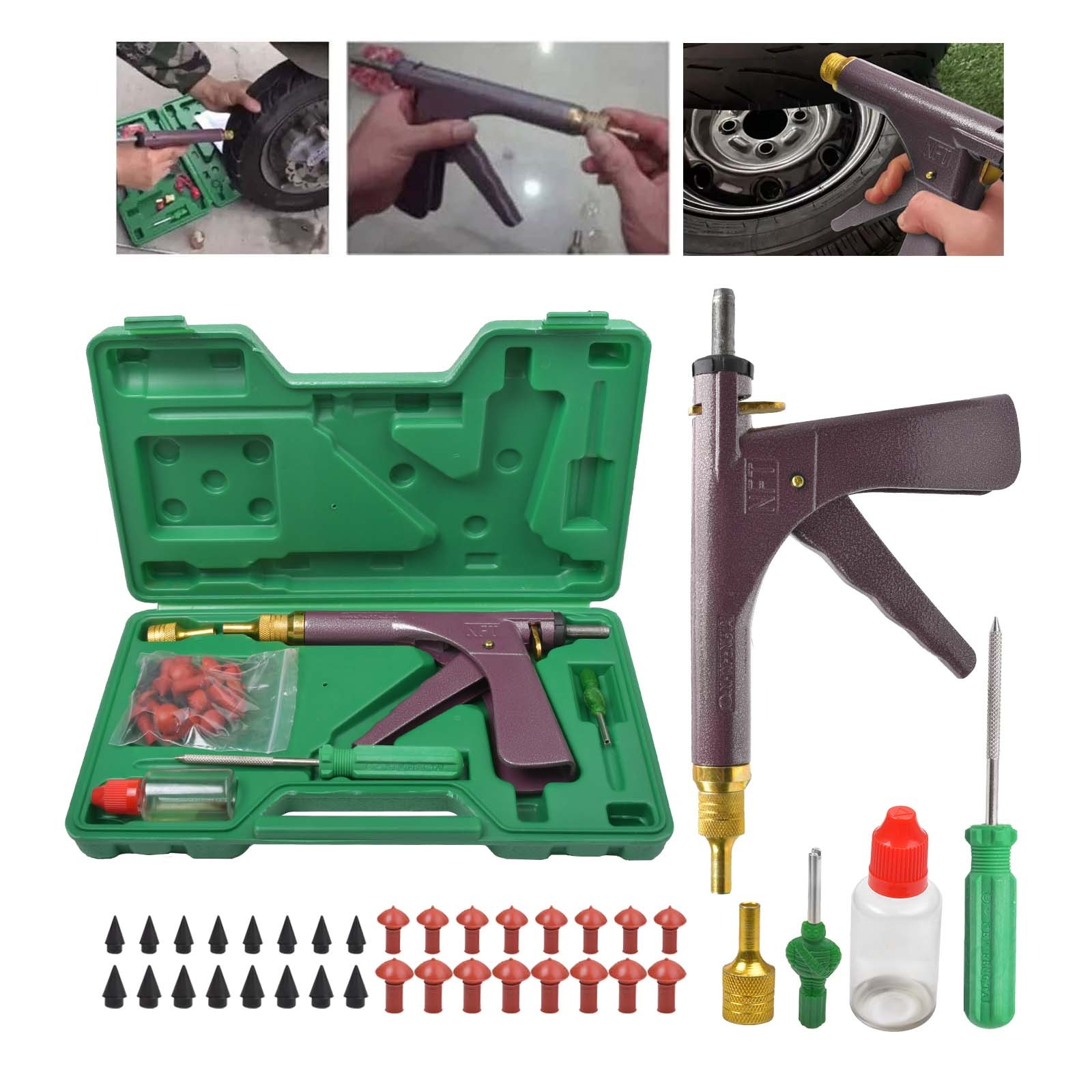 Tubeless Tire Gun Puncture Repair Kit Tire Patch Tools with Mushroom Plug Nozzle