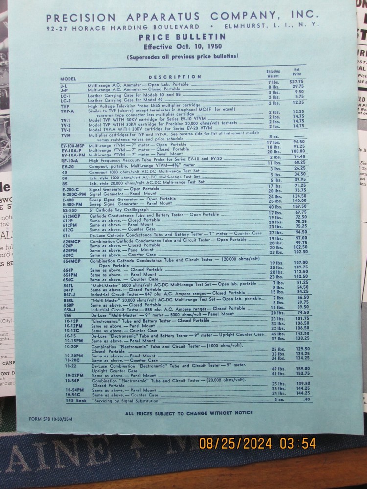 precision test equipment catalog & price list 1950