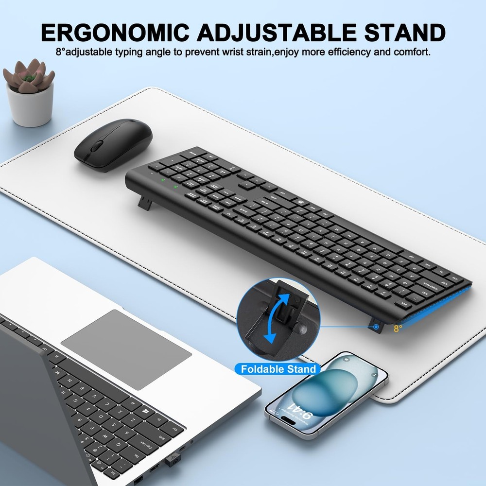 Wireless Keyboard and Mouse Combo, Full Size Silent Ergonomic Keyboard and Mo...
