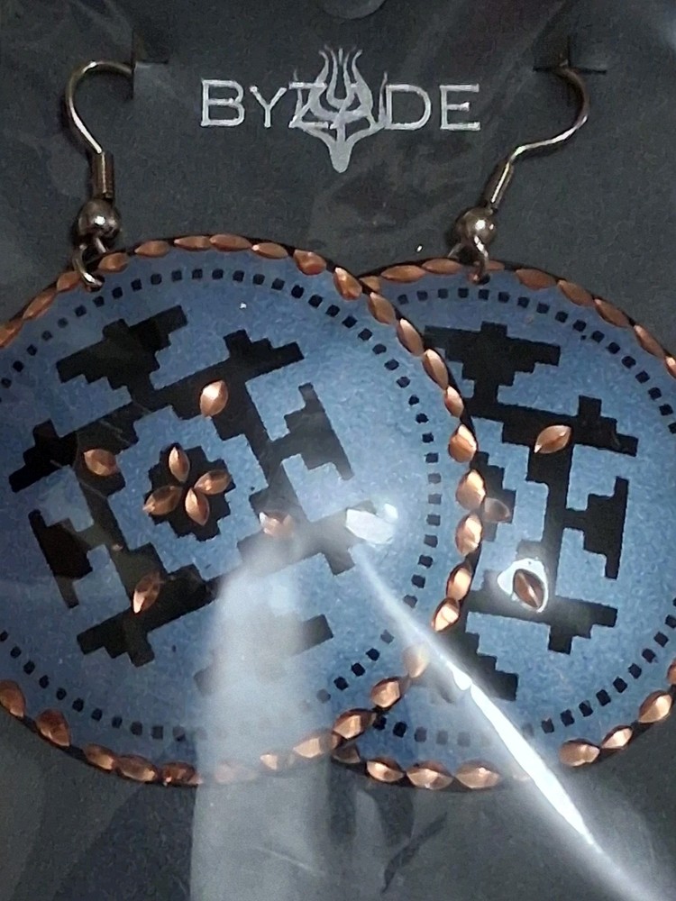 Handmade Byzade copper dangle earrings, round, blue & multicolor, etched design
