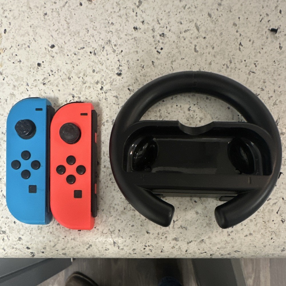 Nintendo Switch Joy-Con Controllers & Steering Wheel Attachment Bundle
