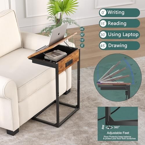 sthmec C Shaped End Table with Charging Station, 45° Tiltable 1 Rustic Brown