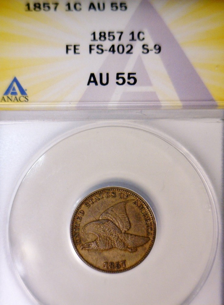 1857 ERROR ANACS AU55 Flying Eagle Cent CLASHED w/ Seated Half Coin FS-402 S-9